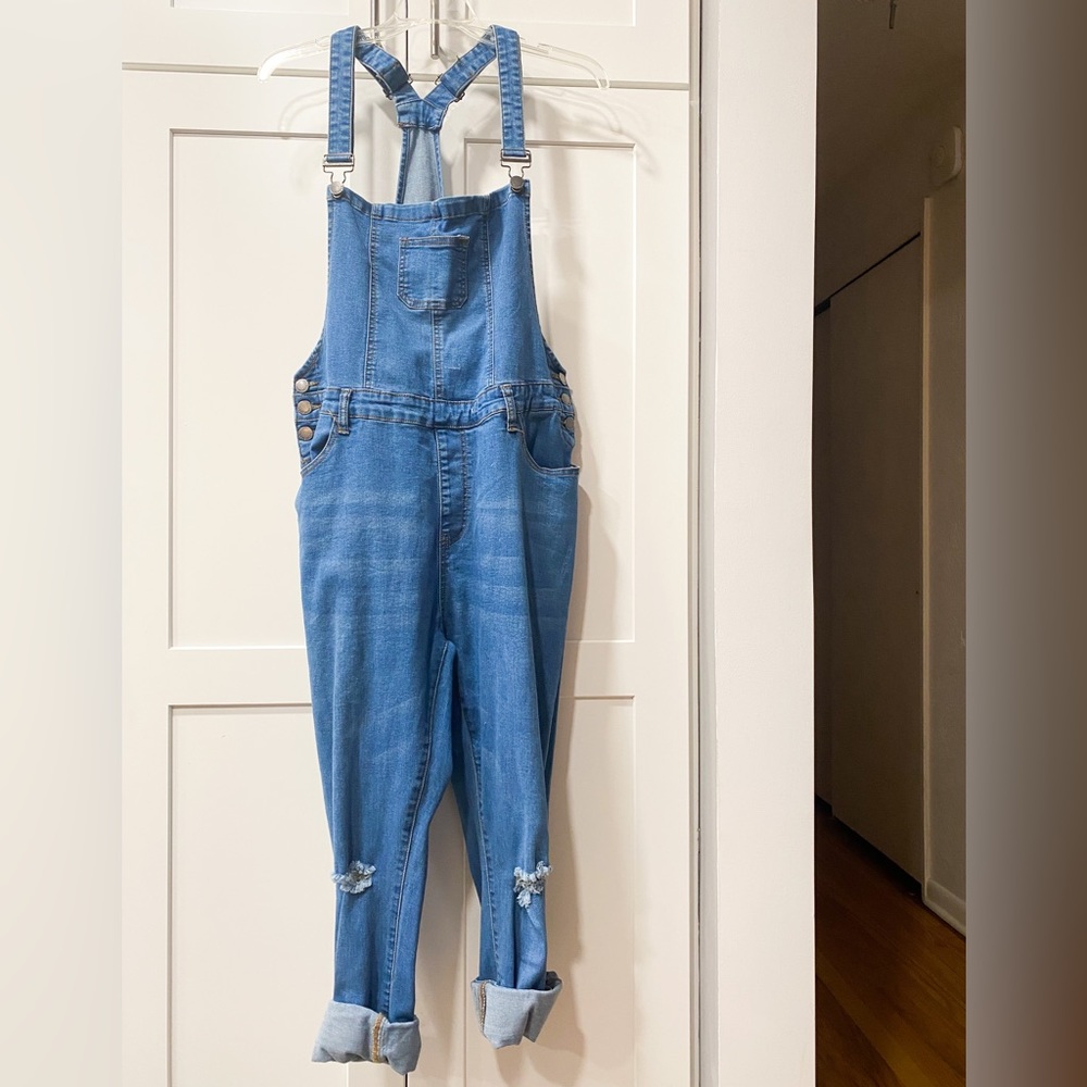 Love Moda Women's Denim Knee Slit Skinny Stretch Overalls